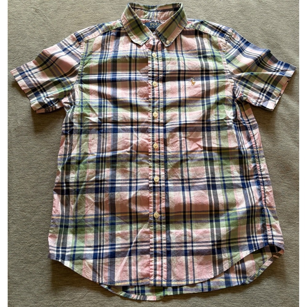 Polo Ralph Lauren Kids Plaid Short Sleeve Button Down Shirt Pink Green M 10-12